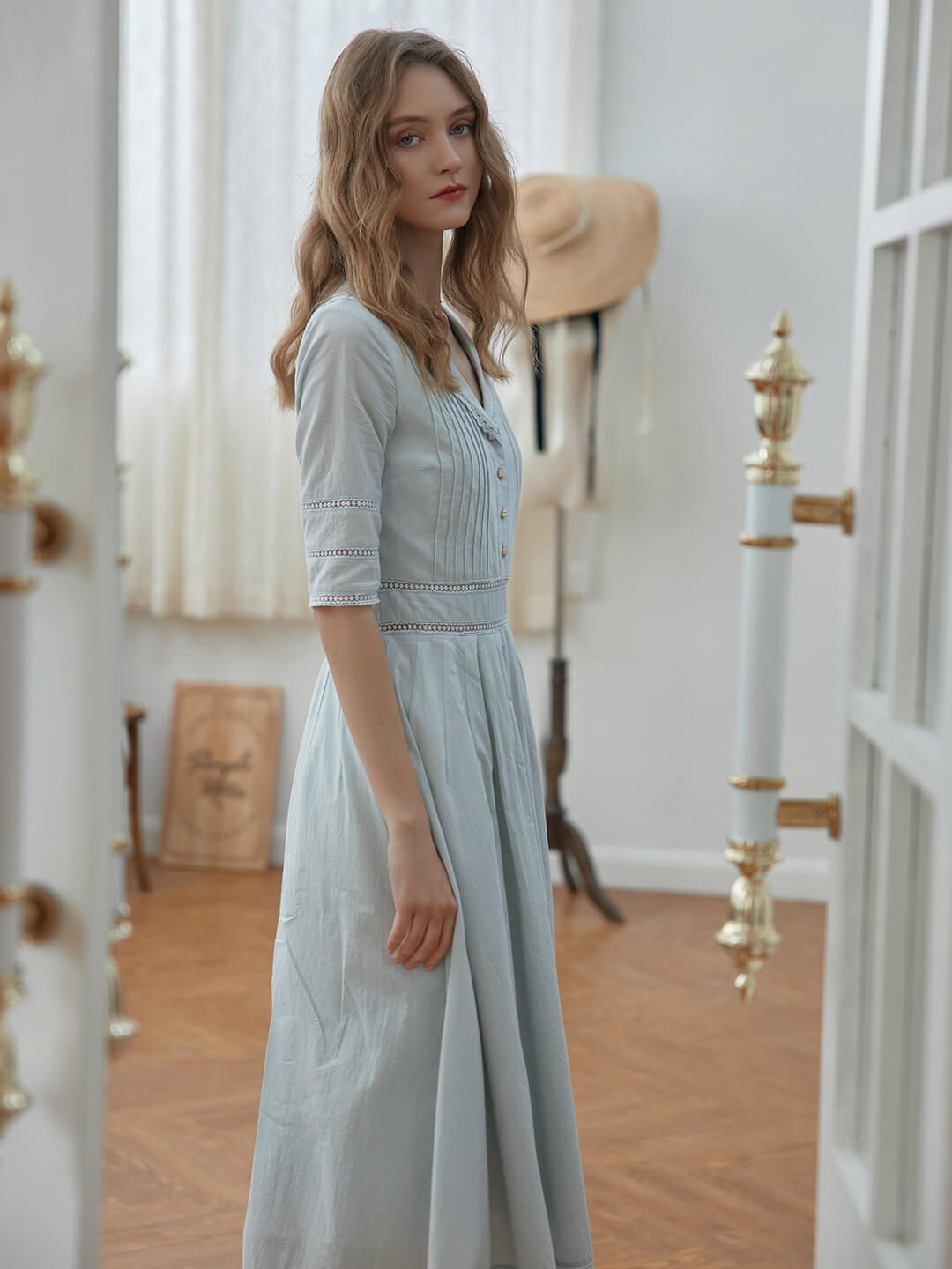 100% Cotton Gray Blue Midi Dress
