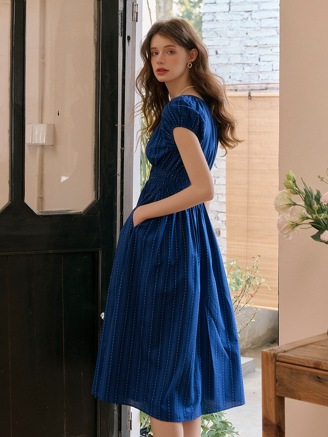 Sapphire Round Neck Waist Cotton Dress